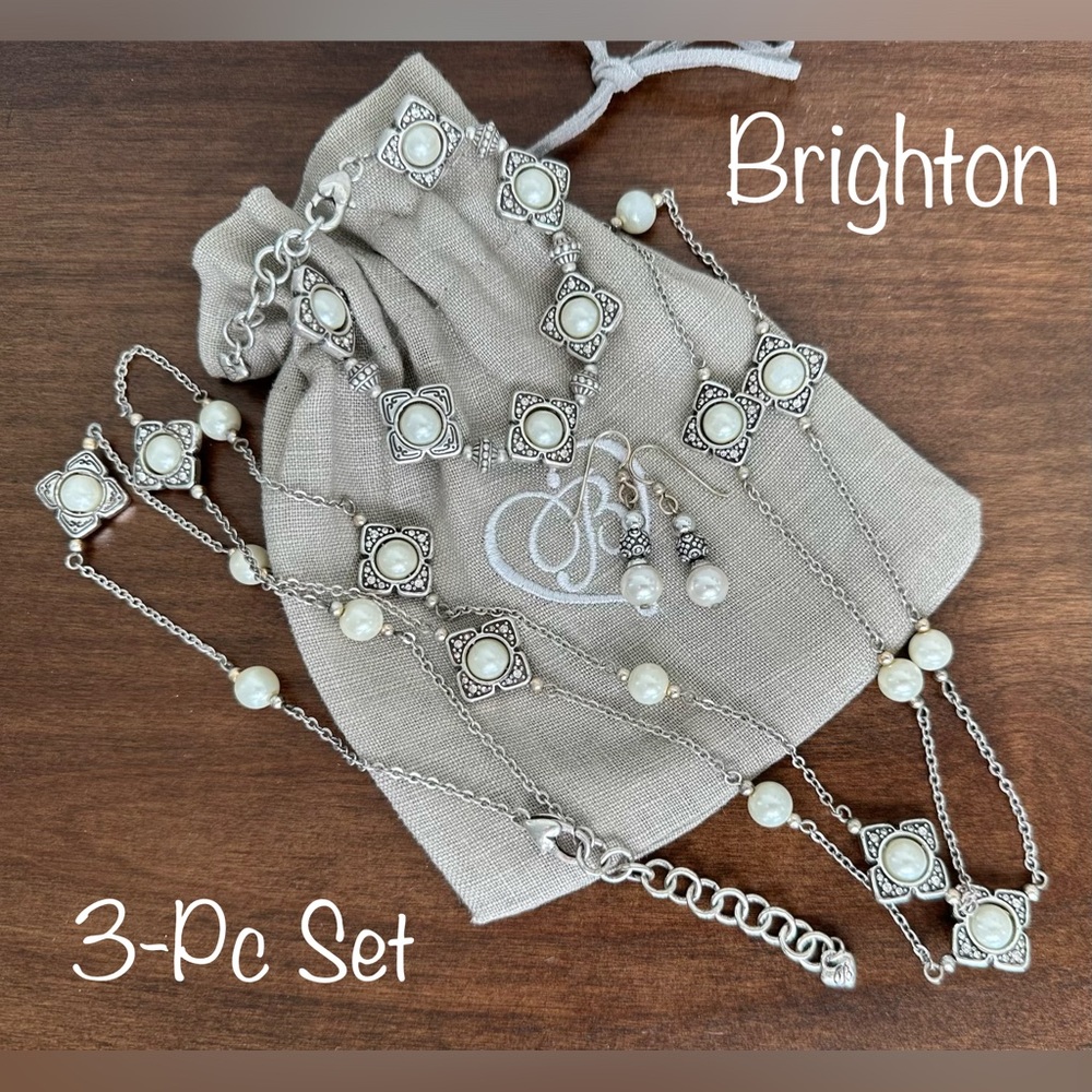 🔥SOLD🔥Brighton 3-Pc Pearl/Crystal Necklace Bracelet And Earrings Set Silver